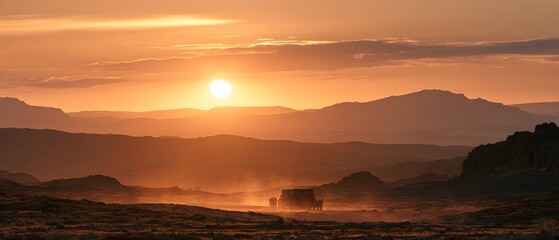 Fototapeta premium Silhouette of a horsedrawn carriage traveling through a dusty desert landscape at sunset