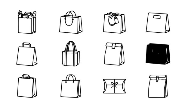 Shopping bags outline vector icon set with paper grocery gift and ecommerce package bags