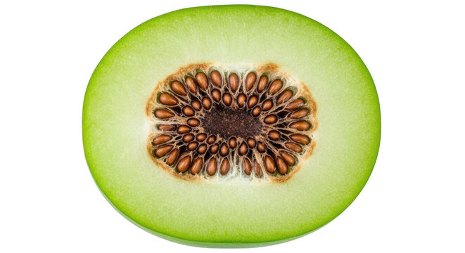 Fresh honeydew melon slice with brown seeds isolated on transparent background.