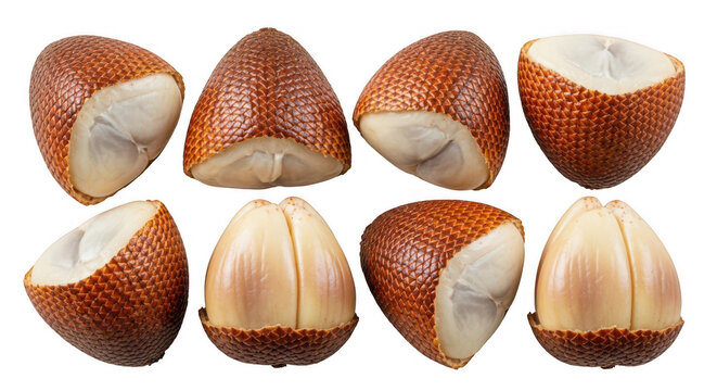 Exotic salak snake fruit collection features brown scaly skin and white segments.