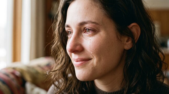Close up of a young woman crying with tears streaming down her face and a hint of a smile