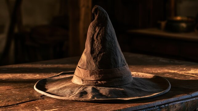 Weathered pointed old witch or wizard hat made of worn fabric sitting on rustic wooden table with warm ambient light and medieval background atmosphere