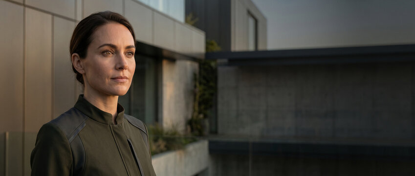 Portrait of a confident professional woman standing on a modern building terrace at sunset.