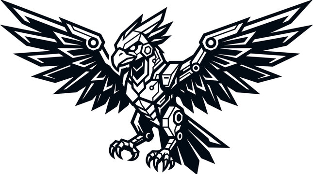 Mechanical Eagle Cyborg with Spread Wings, Futuristic Avian Robot