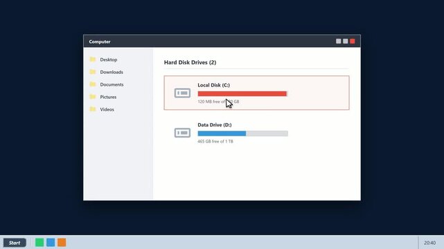 Local disk drive storage full warning on computer interface. 4K  Video