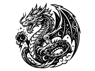 Obraz premium Mythical Dragon Illustration, Fantasy Creature with Crescent Moons and Stars