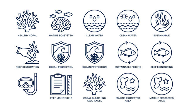 Minimalist blue line art icons set representing ocean conservation and healthy marine reef ecosystem preservation concepts