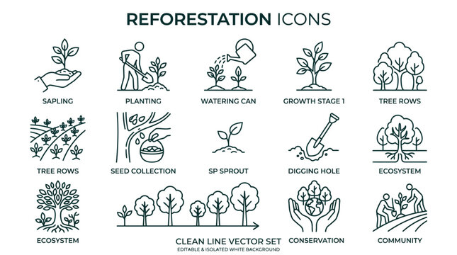 Reforestation icons collection featuring minimalist vector line art designs for environmental conservation projects and sustainable development