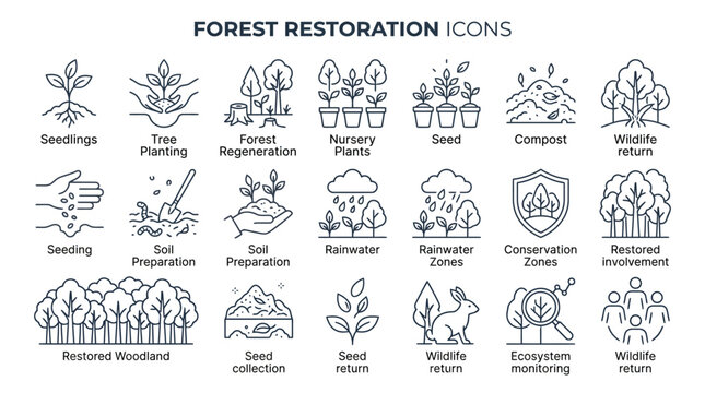 Forest restoration line art vector graphic collection showing environmental conservation icons for sustainable development project designs