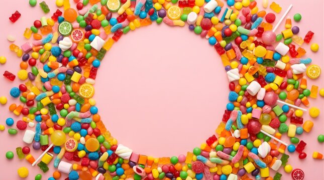 Round frame of colorful assorted candies arranged on a pastel pink background