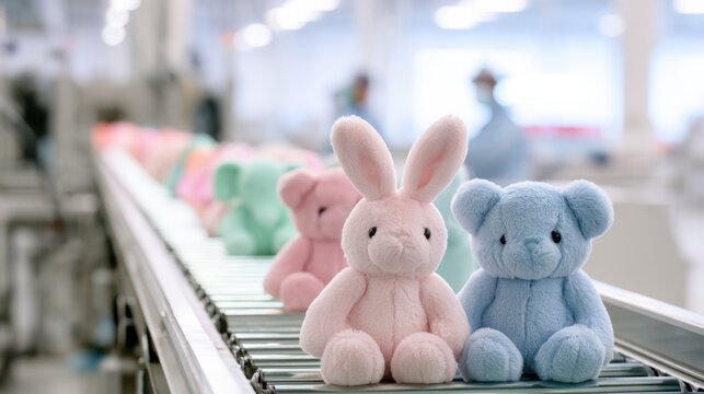 Plush toys, including a pink bunny and a blue bear, move along a conveyor belt in a bright, modern factory setting.