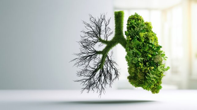 A conceptual image of lungs represented by green leaves on one side and bare branches on the other, symbolizing lung health and environmental impact.