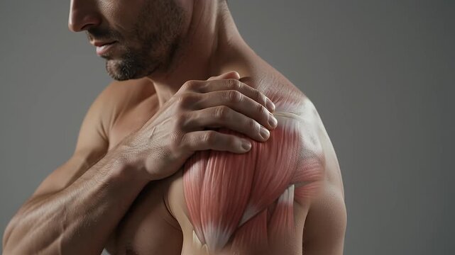 Anatomical illustration of a man's shoulder muscles, highlighting pain and injury, medical healthcare concept