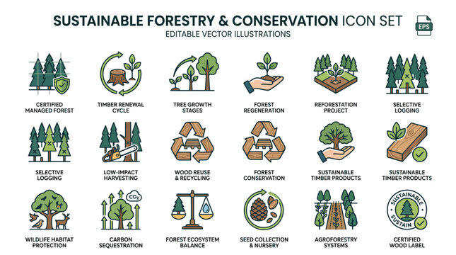 Sustainable forestry and conservation vector icon set featuring editable flat graphics for environmental ecology design projects