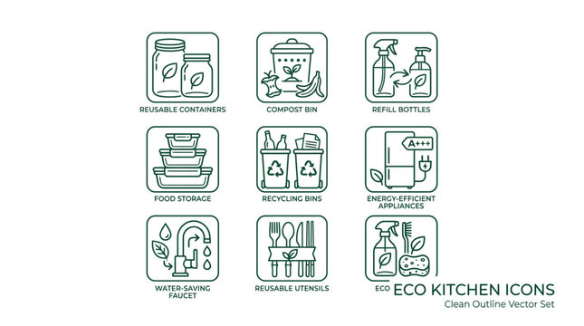 Sustainable eco kitchen icons set featuring green outline vector illustrations for environmentally conscious home living design