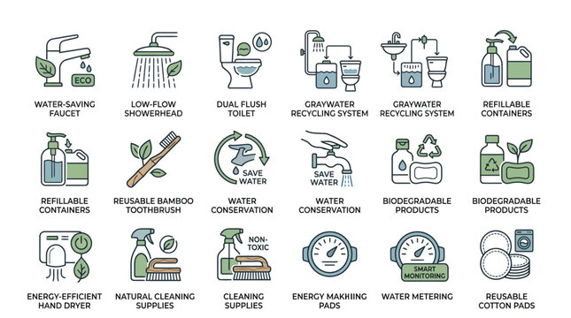 Ecological household sustainability vector icons set illustrating water saving devices and various natural cleaning supply products
