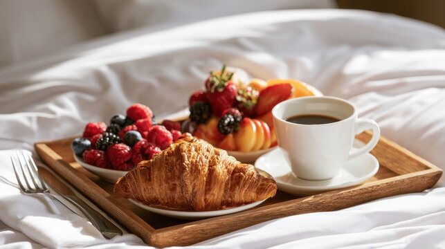 Fresh croissant with a cup of black coffee and a wooden tray filled with assorted fresh berries and sliced fruit served on a white bedspread for a cozy breakfast