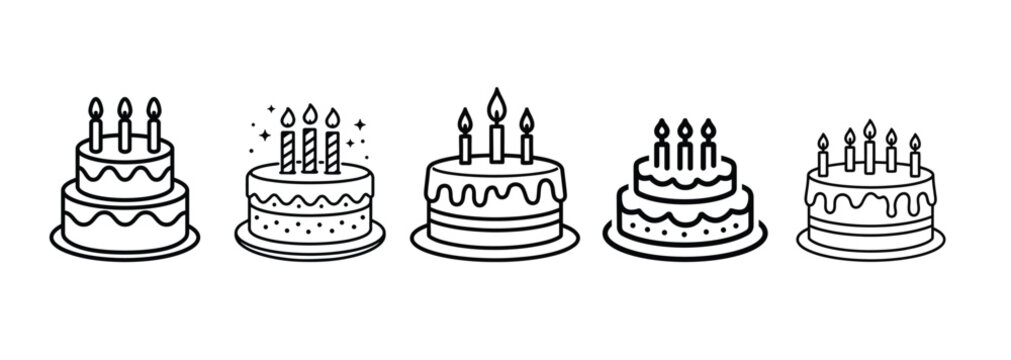 Line art vector set of layered birthday cakes topped with glowing candles and decorative frosting isolated on a white background.