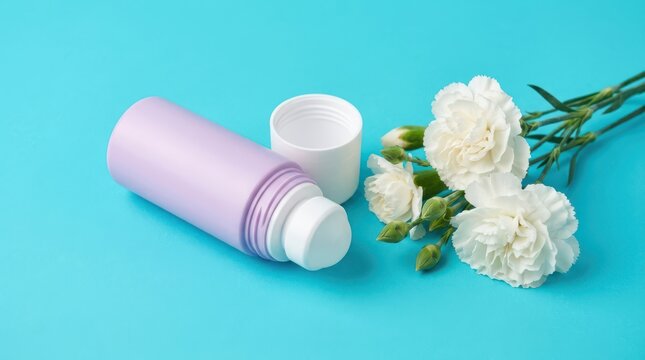 Open lavender rollon deodorant bottle with white carnation flowers on a blue background