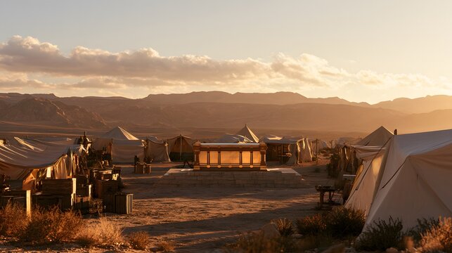 Ancient biblical tabernacle tent in a desert encampment at sunset
