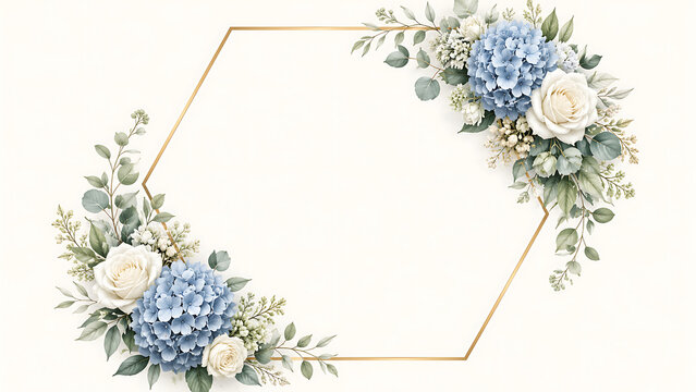 An elegant watercolor floral frame with blue hydrangeas and a gold geometric border.