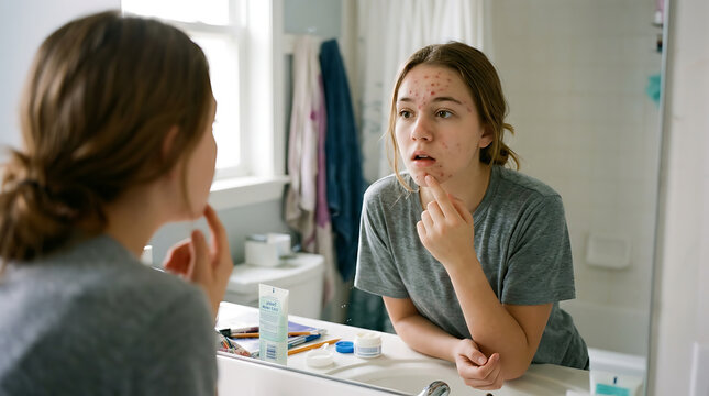 Teenage girl examining her face in the bathroom mirror for acne.