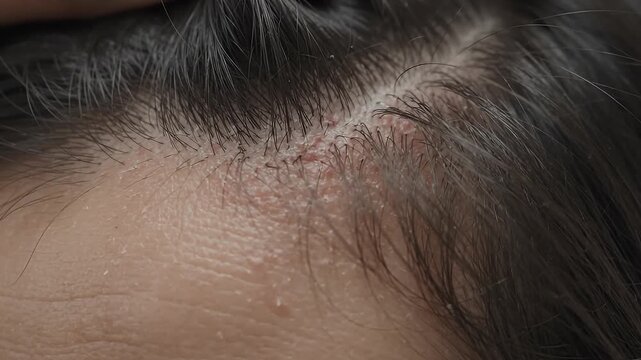 Closeup of person's scalp with visible dandruff and dry skin flakes, a hand gently separating hair to reveal the condition, showing scalp irritation and flaking, health and dermatology concept