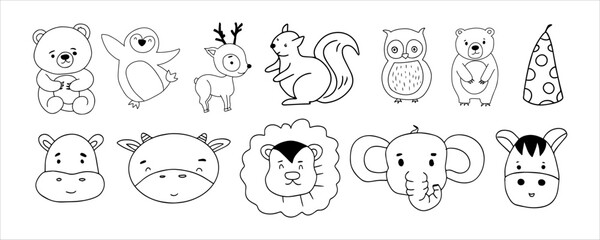 Fototapeta premium Collection of Adorable Animal Outline Illustrations for Children Coloring Activity Book