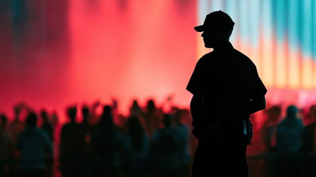 Silhouette of a security guard watching a crowd at a vibrant event with colorful blurred lights in the background during nighttime gathering