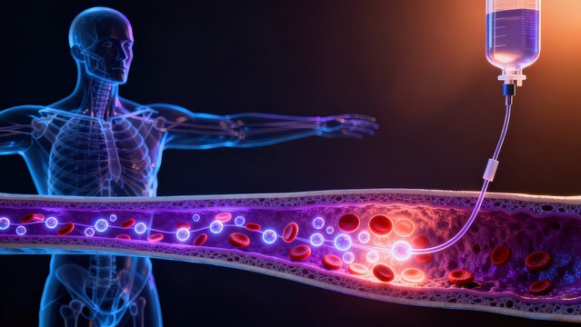 Glowing hematopoietic stem cells infused into bone marrow cavity regenerating new blood cells inside semi-transparent human body