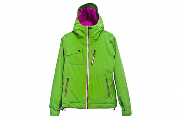 Bright Lime Green Hooded Ski Jacket with Purple Lining and Multiple Pockets © Atreyee