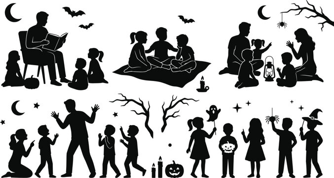 Family halloween storytelling scary spooky night campfire stories children parents holiday party silhouette vector illustration icon set