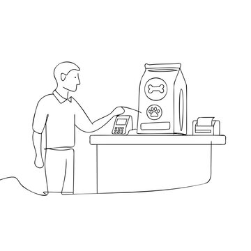 Customer pays for pet food at checkout counter using card reader terminal in simple black line art style for animal supply shop theme.