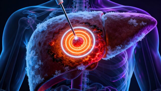Radiofrequency Ablation Treatment with Needle Inserted into Tumor Generating Concentric Heat Zones Burning and Destroying Cancer Cells in Semi-Transparent Human Body