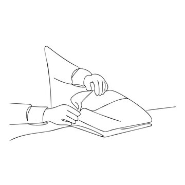 Continuous line drawing of person hands writing in notebook with pen for education or business concept.