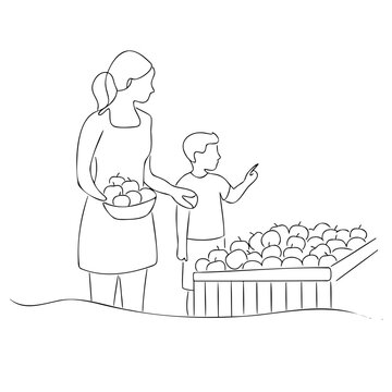 Continuous line mother and son choosing fresh apples at market stand with black outline style design suitable for grocery retail concepts.
