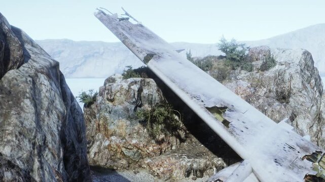 An airplane wing is placed on rocks by the water. The wing shows signs of damage. The location is near mountains with trees scattered around the area.