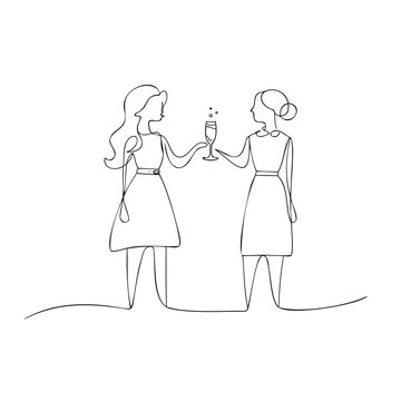 Continuous line two women toasting with champagne glasses in black outline style design suitable for friendship celebration projects.