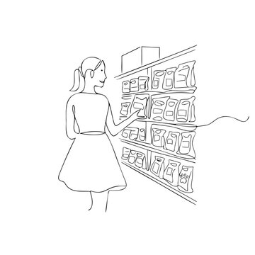 Continuous line young woman browsing grocery products on supermarket shelf with black outline style design suitable for retail signage.