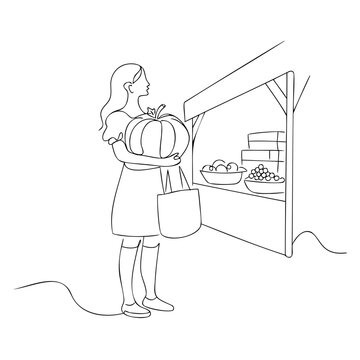 Minimalist continuous line art of woman carrying large fresh pumpkin with market stall displaying fresh fruits and food products.