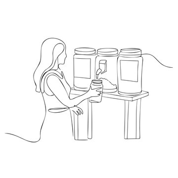 Continuous line woman refilling glass jar at zero waste bulk station with black outline style design suitable for eco friendly project.