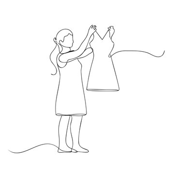 Minimalist continuous line art showing elegant young woman holding up stylish dress to examine its shape and quality in boutique.