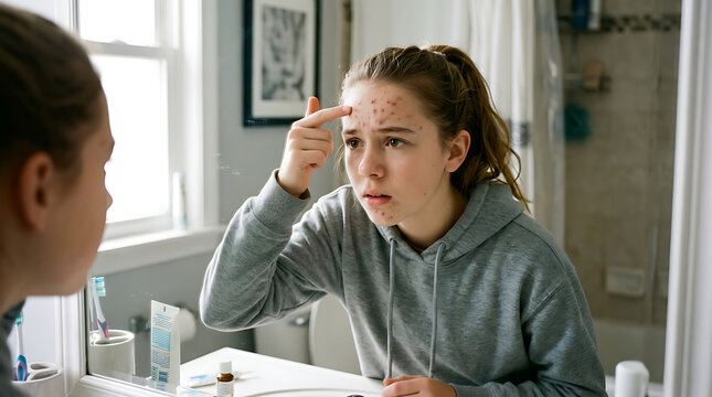 Teenage girl examining her face in the mirror for acne.