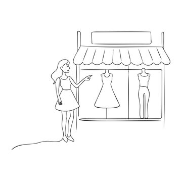 Minimalist continuous line art of female shopper pointing finger at stylish dress displayed on mannequin inside shop window front.