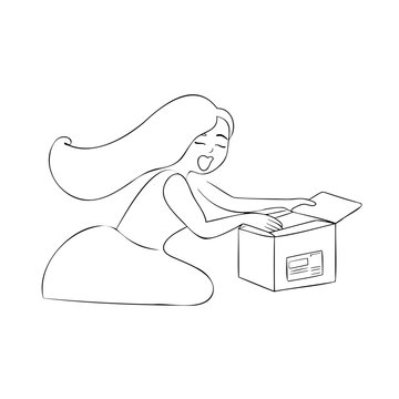Minimalist continuous line art depicting excited happy girl opening delivery cardboard box to unbox her newly ordered retail package.