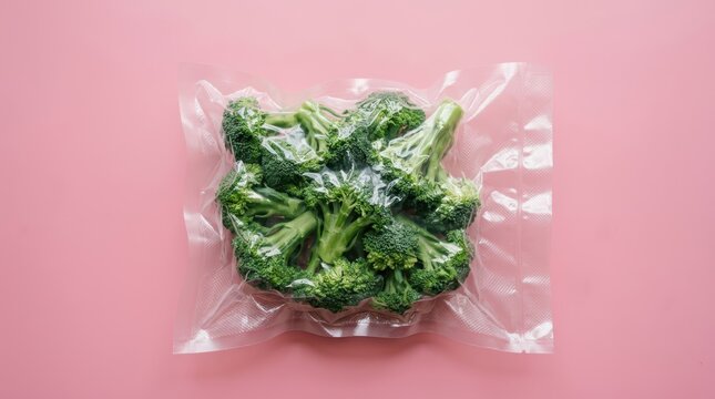 Fresh broccoli florets in a vacuum sealed plastic bag on a pink background
