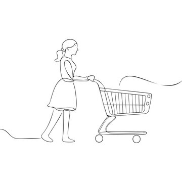 Woman pushing empty shopping cart with linear style black outlines isolated on transparent background for retail or commercial concepts.