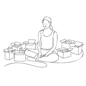 Woman sitting on floor surrounded by multiple open shipping boxes for unpacking home delivery purchases or online shopping concepts.