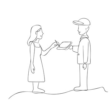 Customer signing digital tablet held by delivery man for receiving parcel package at doorstep for logistics or express services.