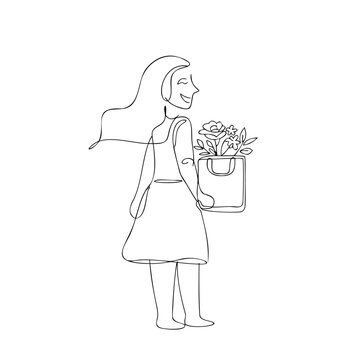 Continuous line drawing of female holding shopping bag filled with fresh flowers symbolizing spring gift giving and florist market visits.